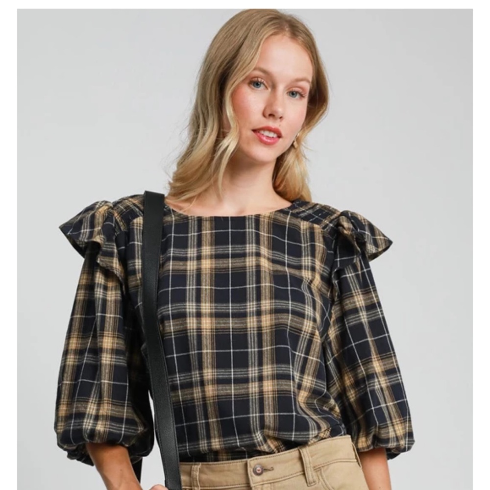 Unge Navy and Gold Plaid Pride Top size L